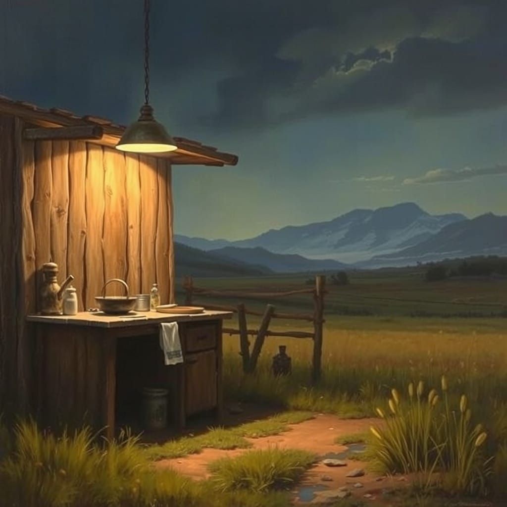 Quiet Countryside Kitchen at Night in Orientalist Style