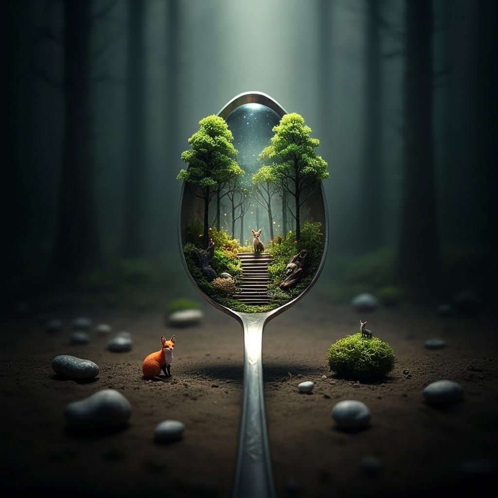 Miniature Forest in Spoon: Hyper-Realistic Landscape