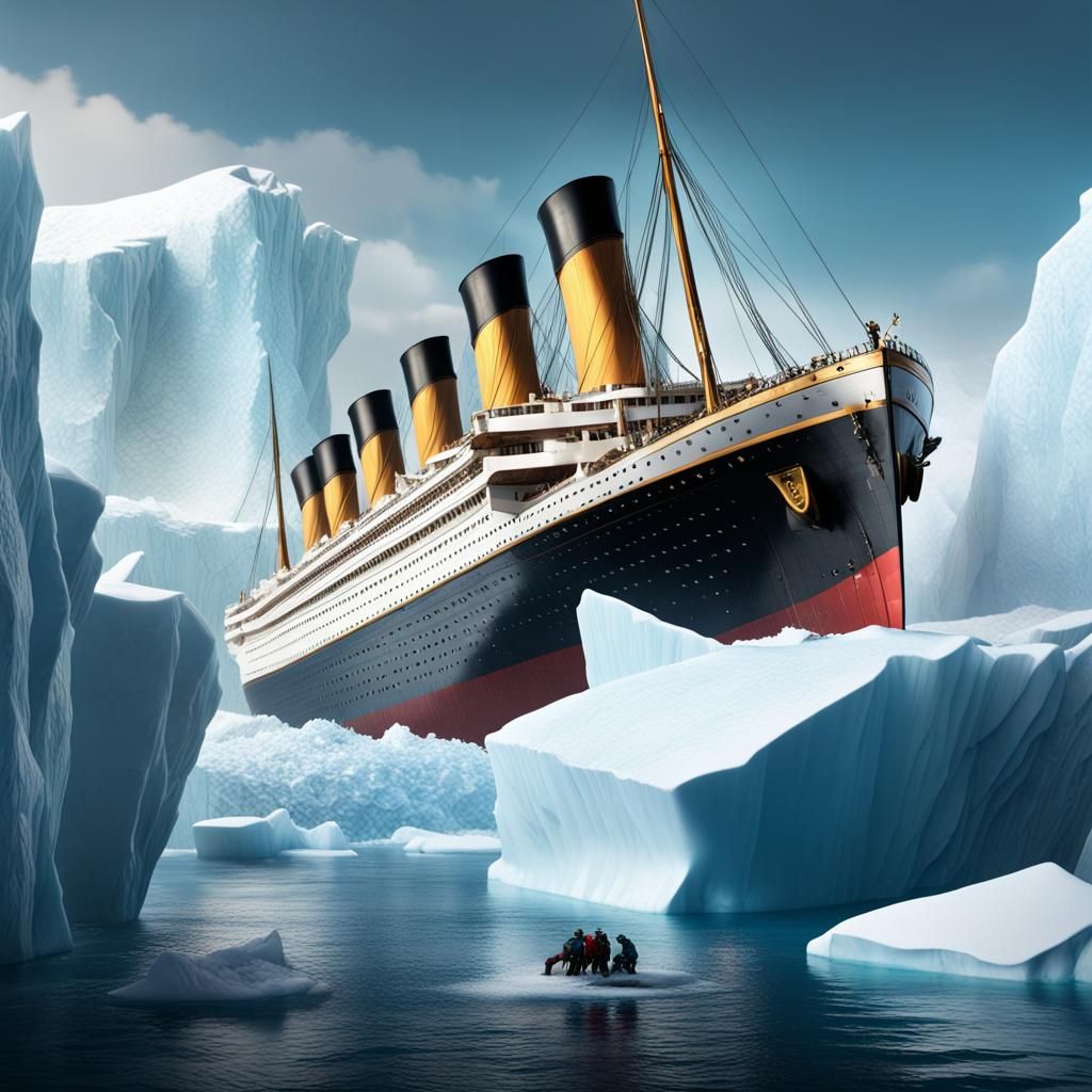 Titanic Clinging to Iceberg in Hyperrealistic Style