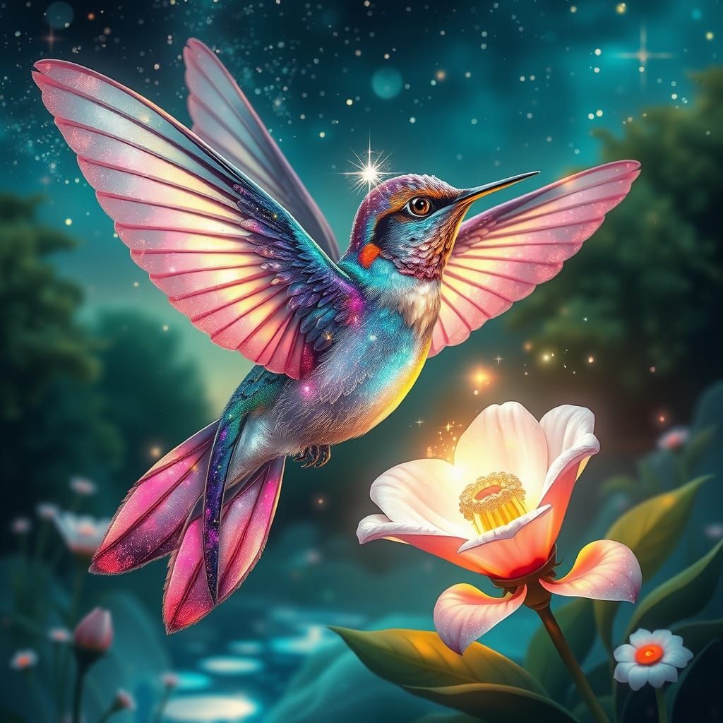 Celestial Hummingbird in Starry Garden, Art Nouveau Style