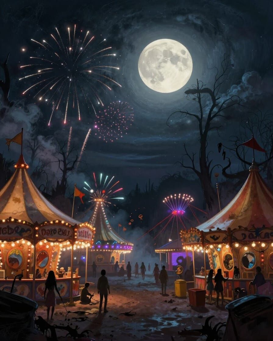 Eerie Midnight Carnival Under Full Moon and Fireworks