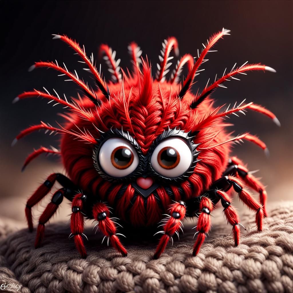 Cute Knitted Red Spider with Big Chibi Eyes