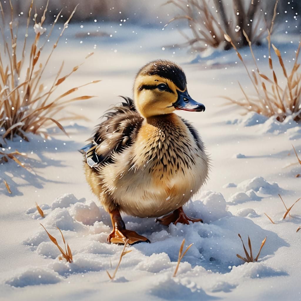 Watercolor Baby Duck in Soft Snow