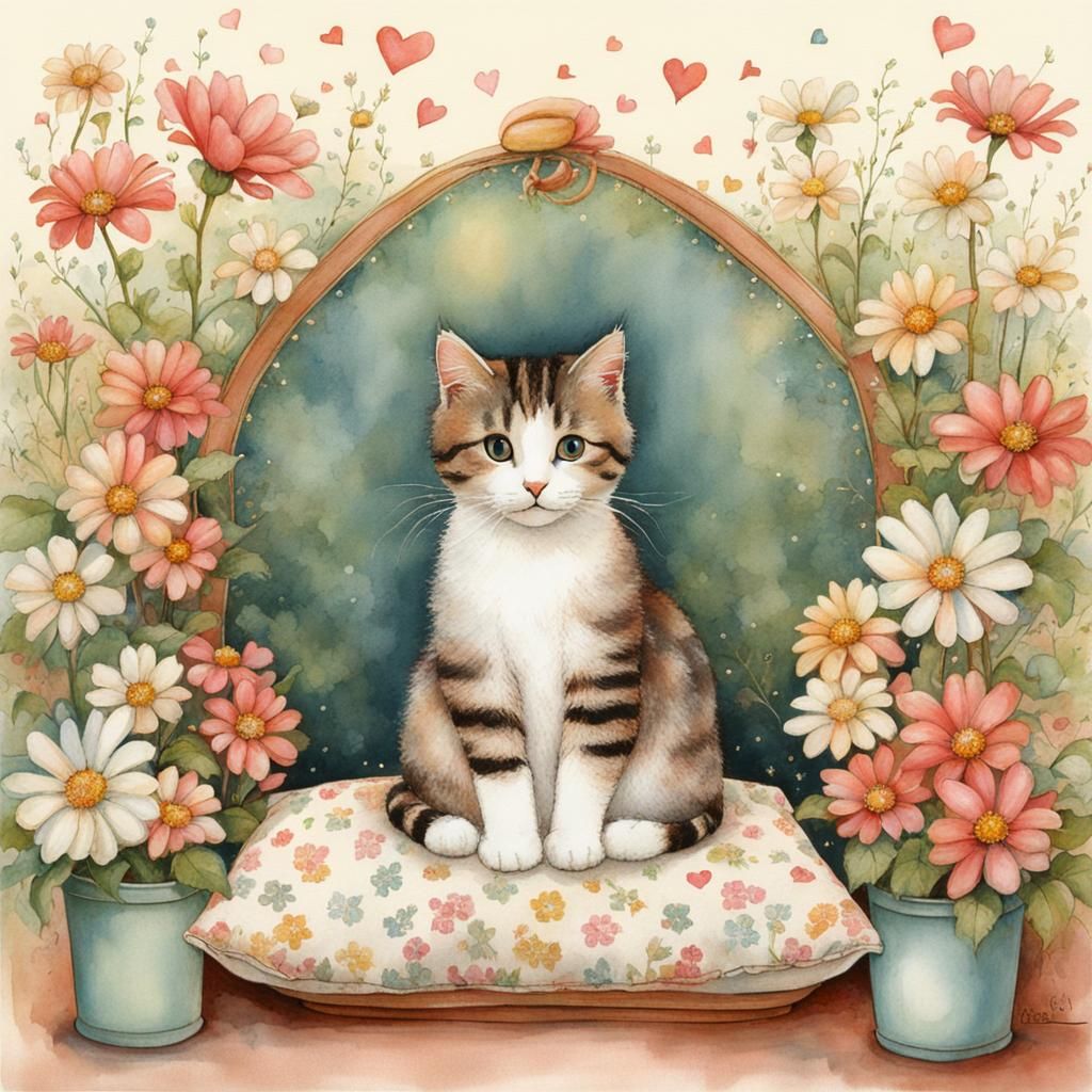 Cute Cat with Flowers in Holly Hobbie Style