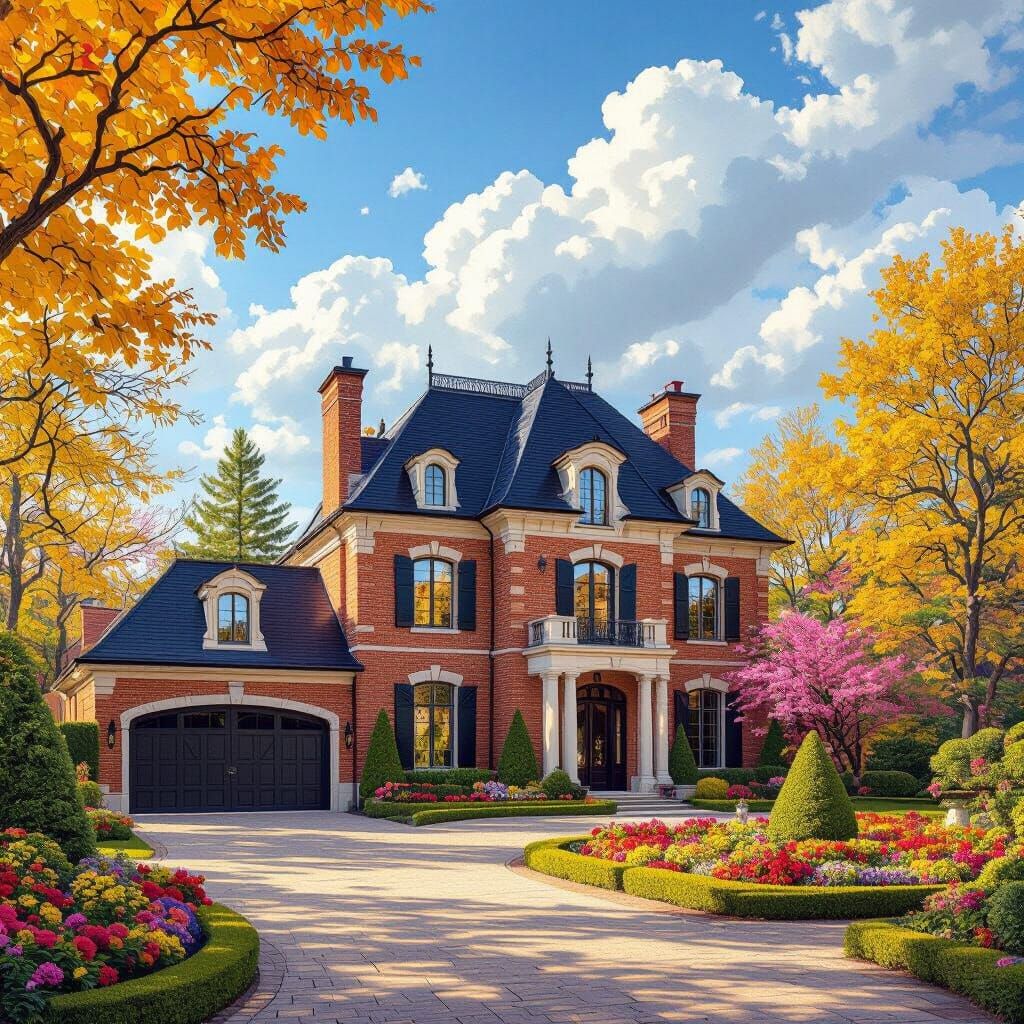 Grand Brick Chateau with Flower Garden in Golden Hour