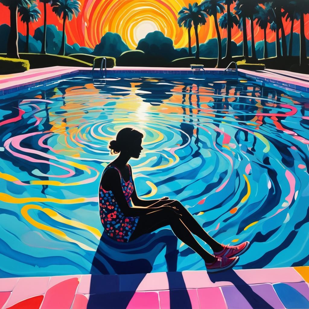 Reflective Gouache Portrait: Woman in Luminous Pool