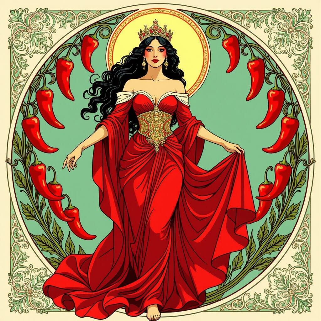 Queen of Red Chile Peppers in Art Nouveau Style