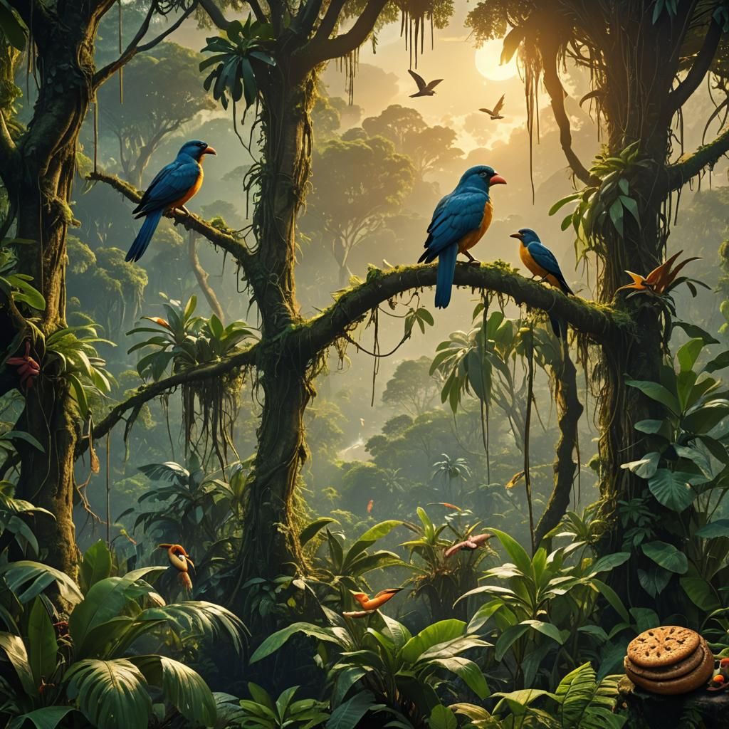 Amazon Jungle Birdlife at Sunrise: Digital Matte Painting
