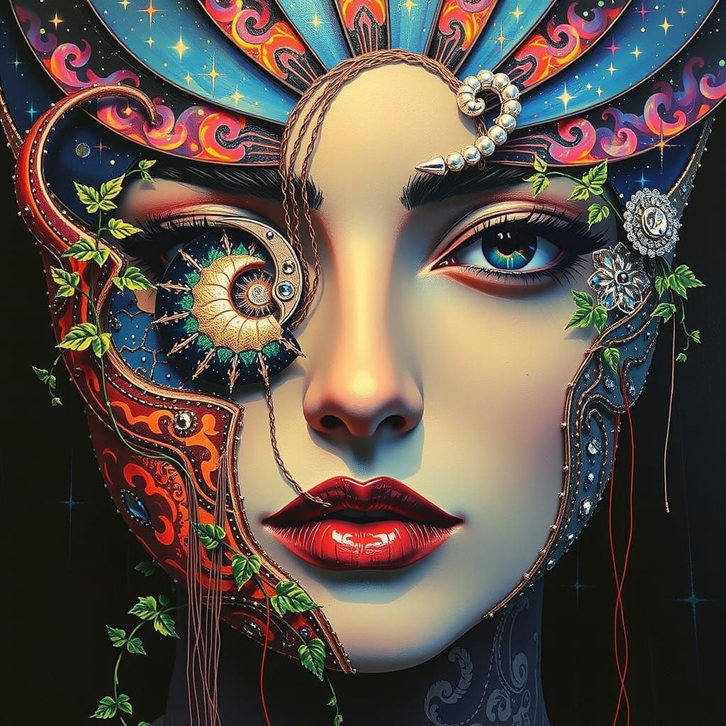 Woman in Starry Night Sky with Fibonacci Curves