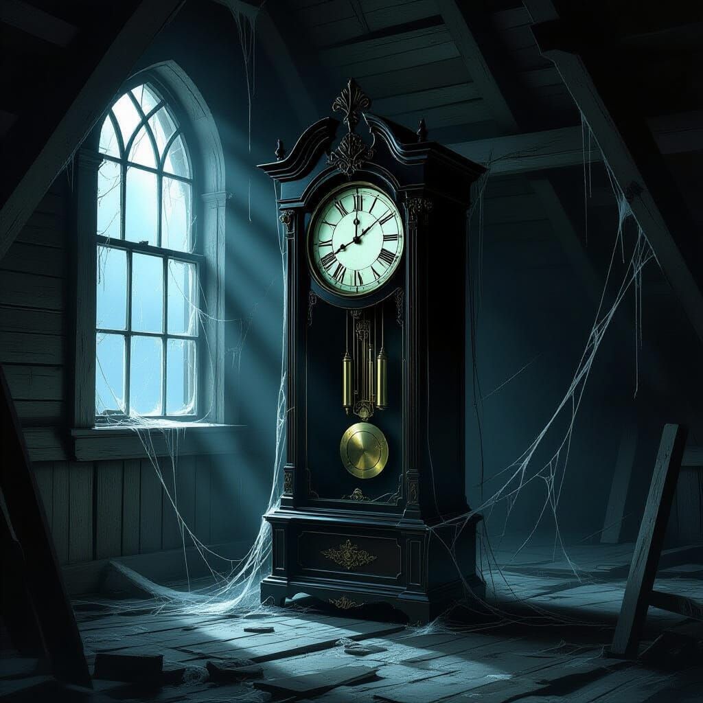 Ancient Grandfather Clock in Dusty Attic