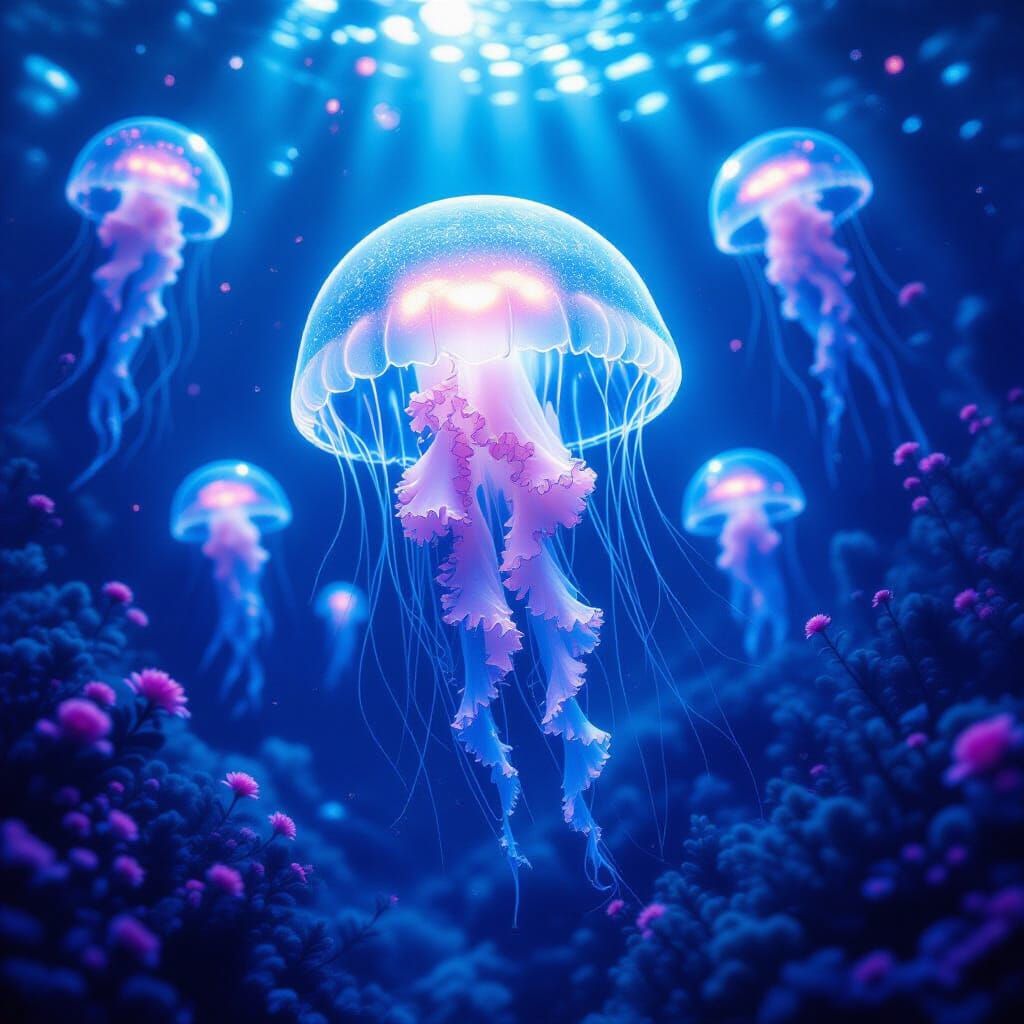 Alien Ocean Jellyfish Forest With Bioluminescent Flora