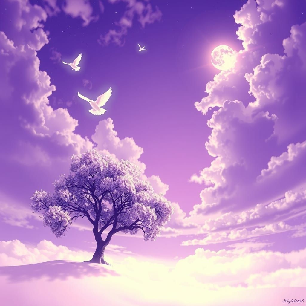 Surreal Purple Dreamscape with Glowing Birds and Moon