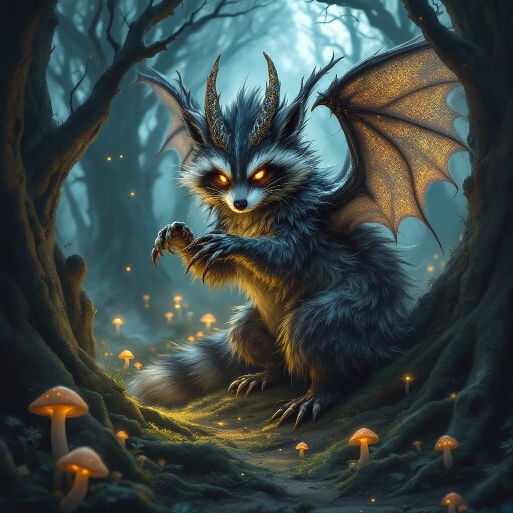 Majestic Raccoon Dragon in Eerie Woods