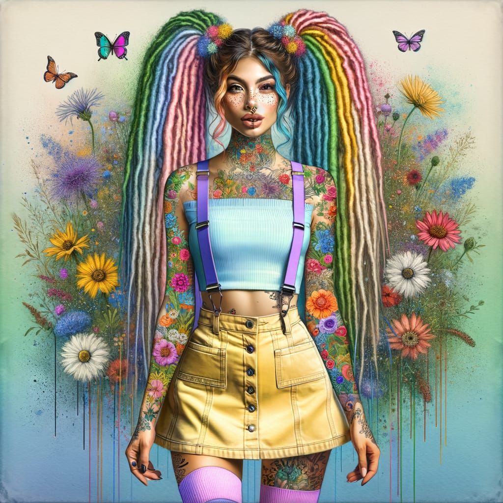 Rainbow Dreadlocks Woman in Floral Tattoos and Platform Shoe...