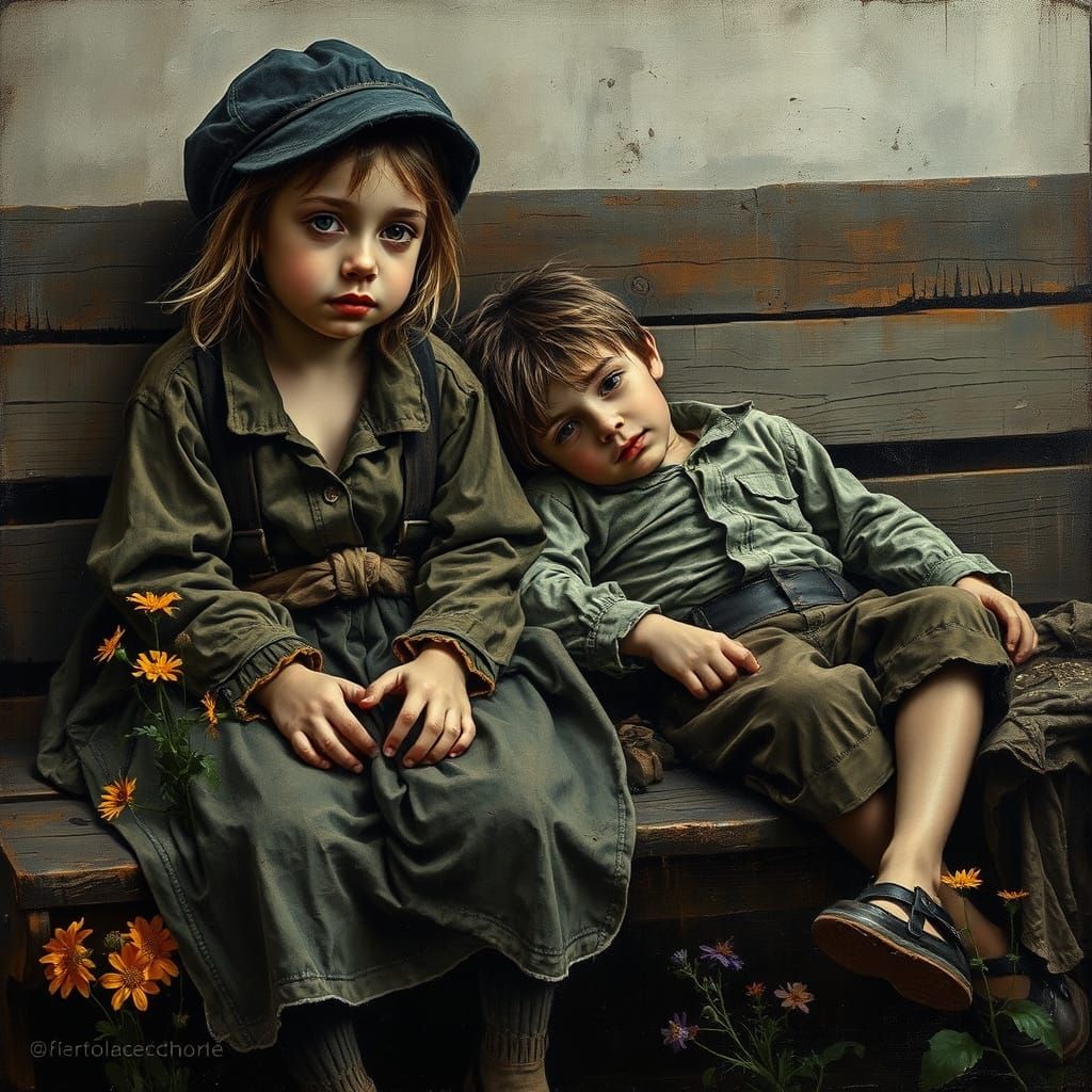 Melancholic Children on a Bench as Oil Painting