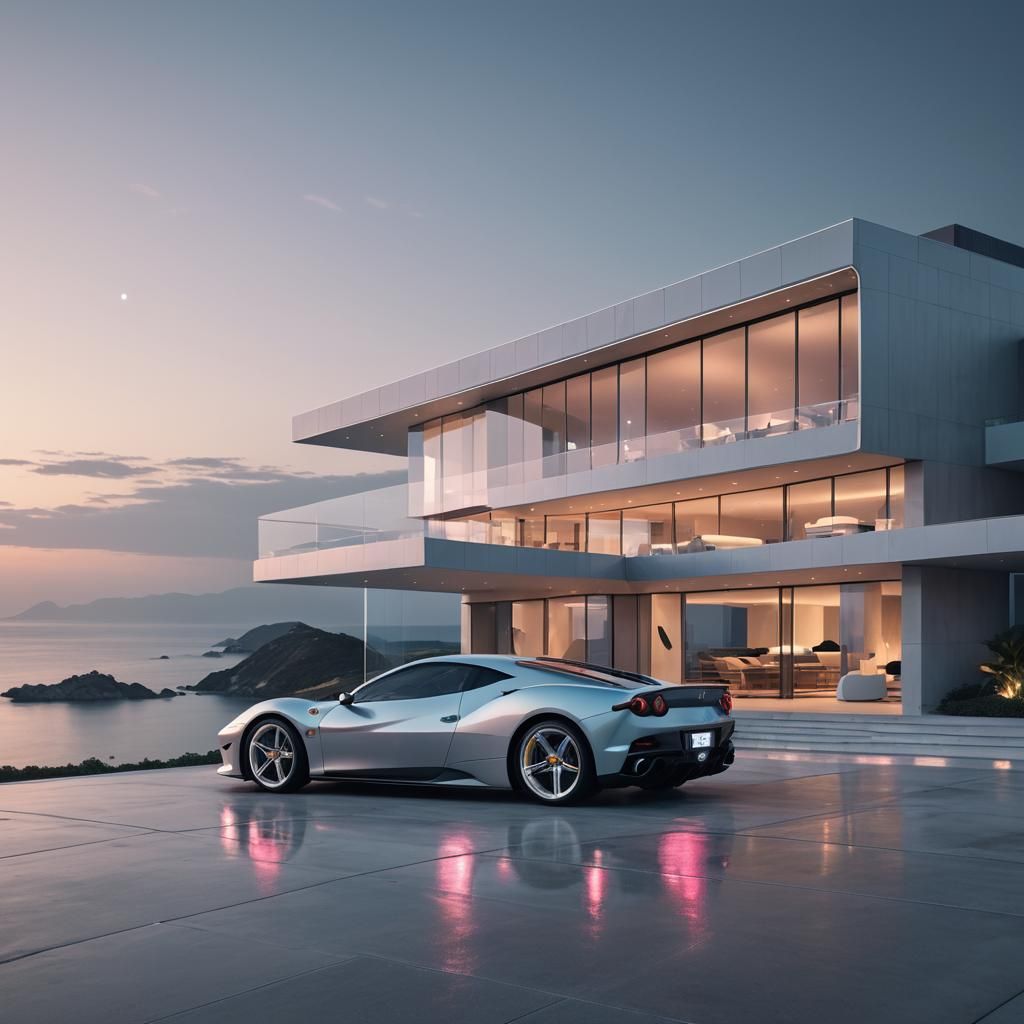 Futuristic House with Ferrari: Digital Art Rendering