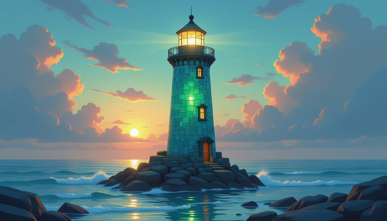 Emerald and Cobalt Sea Glass Lighthouse Radiates Warm Glow