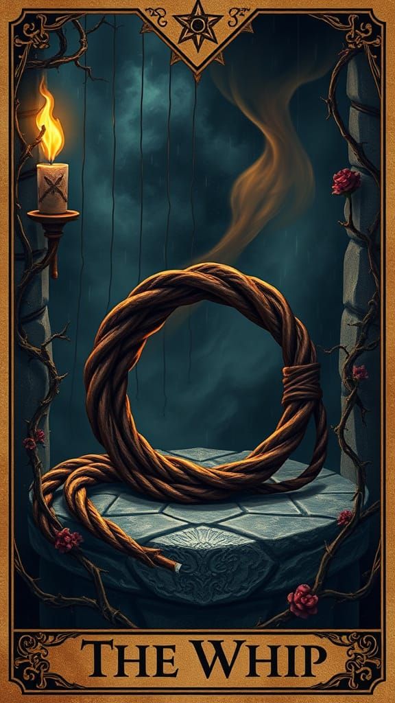 Create a Lenormand card featuring "The Whip" in an oil paint...