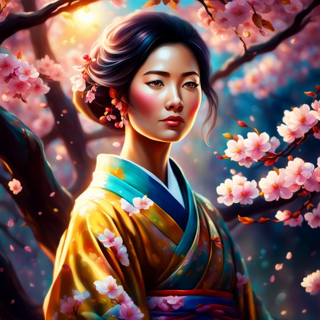 Cherry Blossom Lady in Anime-Inspired Oil Painting