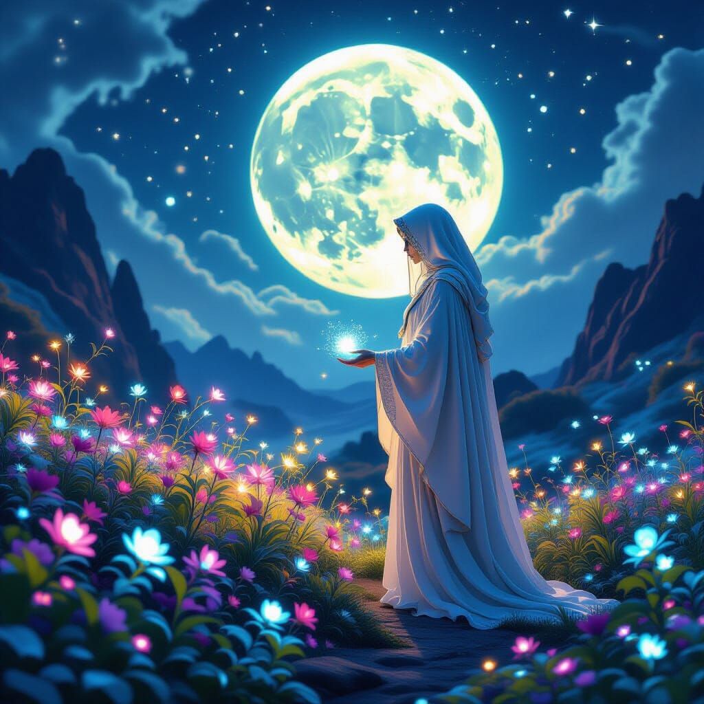 Celestial Gardener Tending Bioluminescent Garden, Art Nouvea...