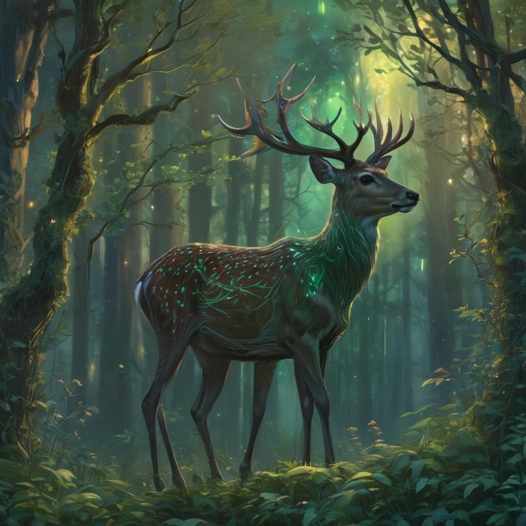 Deer in Mystical Forest with Northern Lights