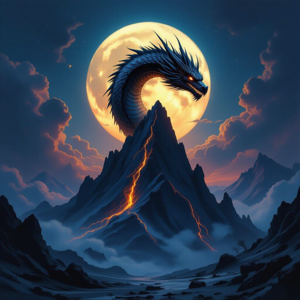 Obsidian Dragon Coiled Around Mountain Peak Under Twin Moons