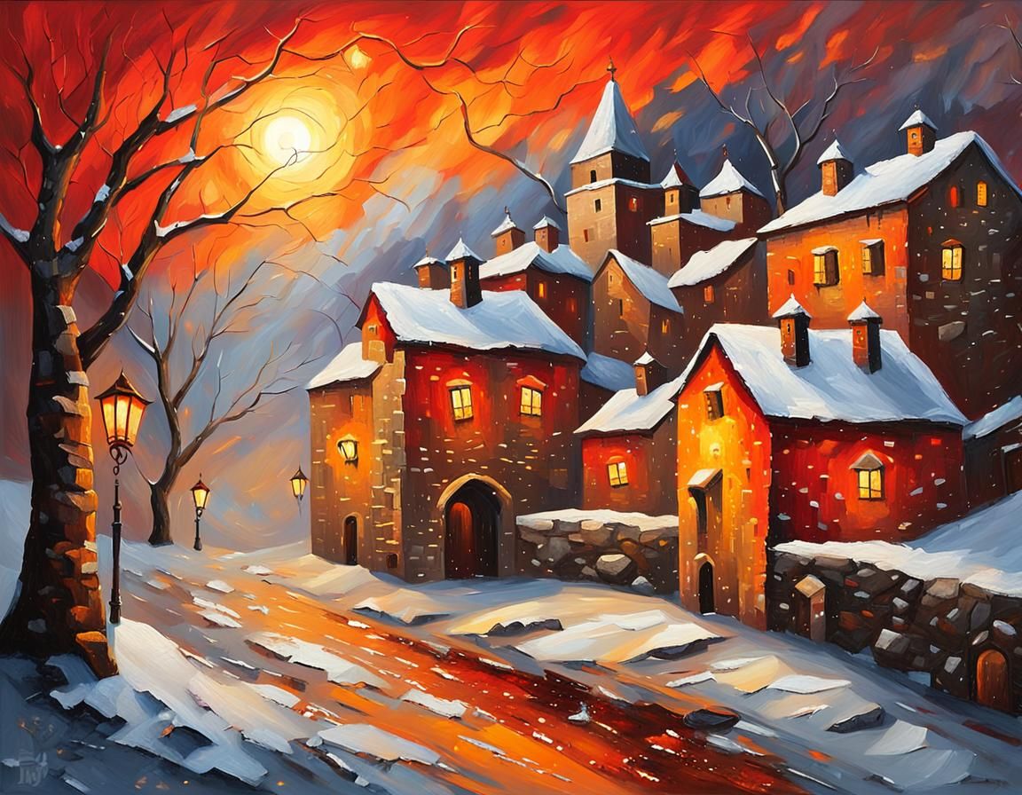 Winter Village Sunset in Impressionist Acrylic Painting