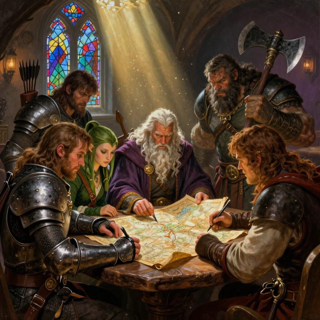 Fantasy Adventurers Plan Quest in Tavern