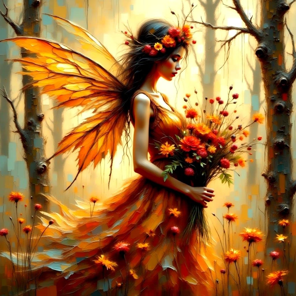 Ethereal Autumn Fairy with Floral Bouquet as Impasto