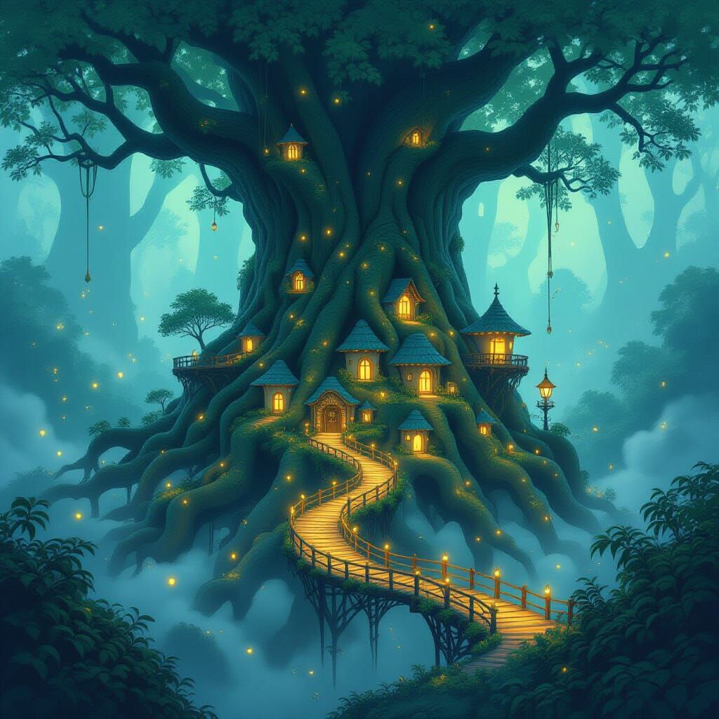 Bioluminescent Mushroom Village Under Ancient Tree