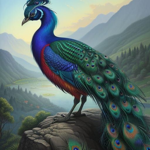 Surreal Peacock Portrait in Whimsical Watercolor