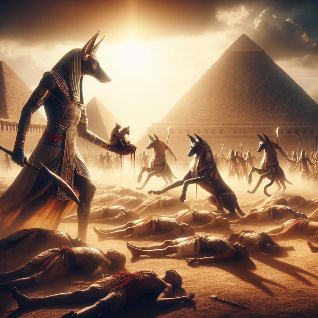 Anubis Collecting Souls on Egyptian Battlefield