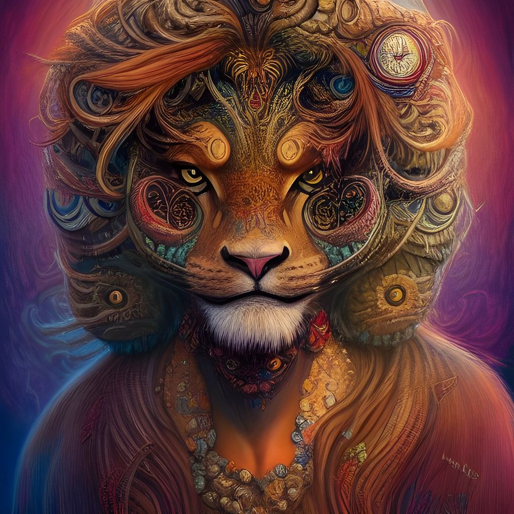 Girl-Lion Hybrid Portrait in Steampunk Zombiecore Style