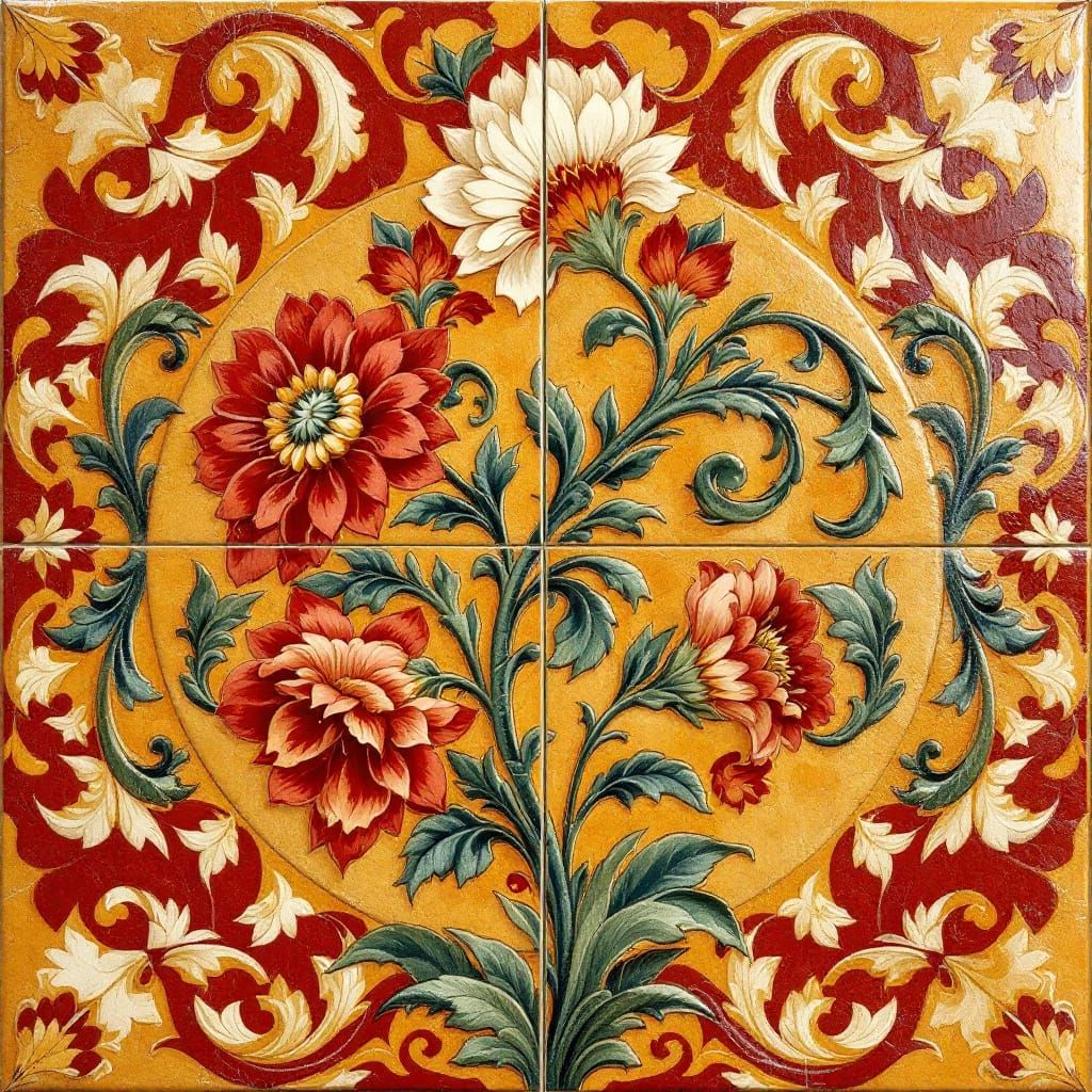 Majolica Tile with Red and Gold Floral Design