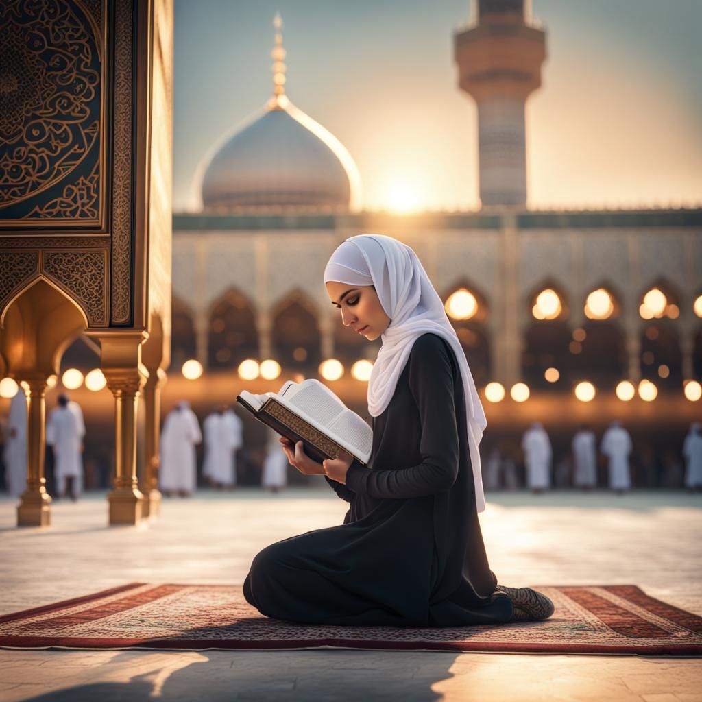 Girl Reading Quran in Mecca: Hyperrealistic Splash Art