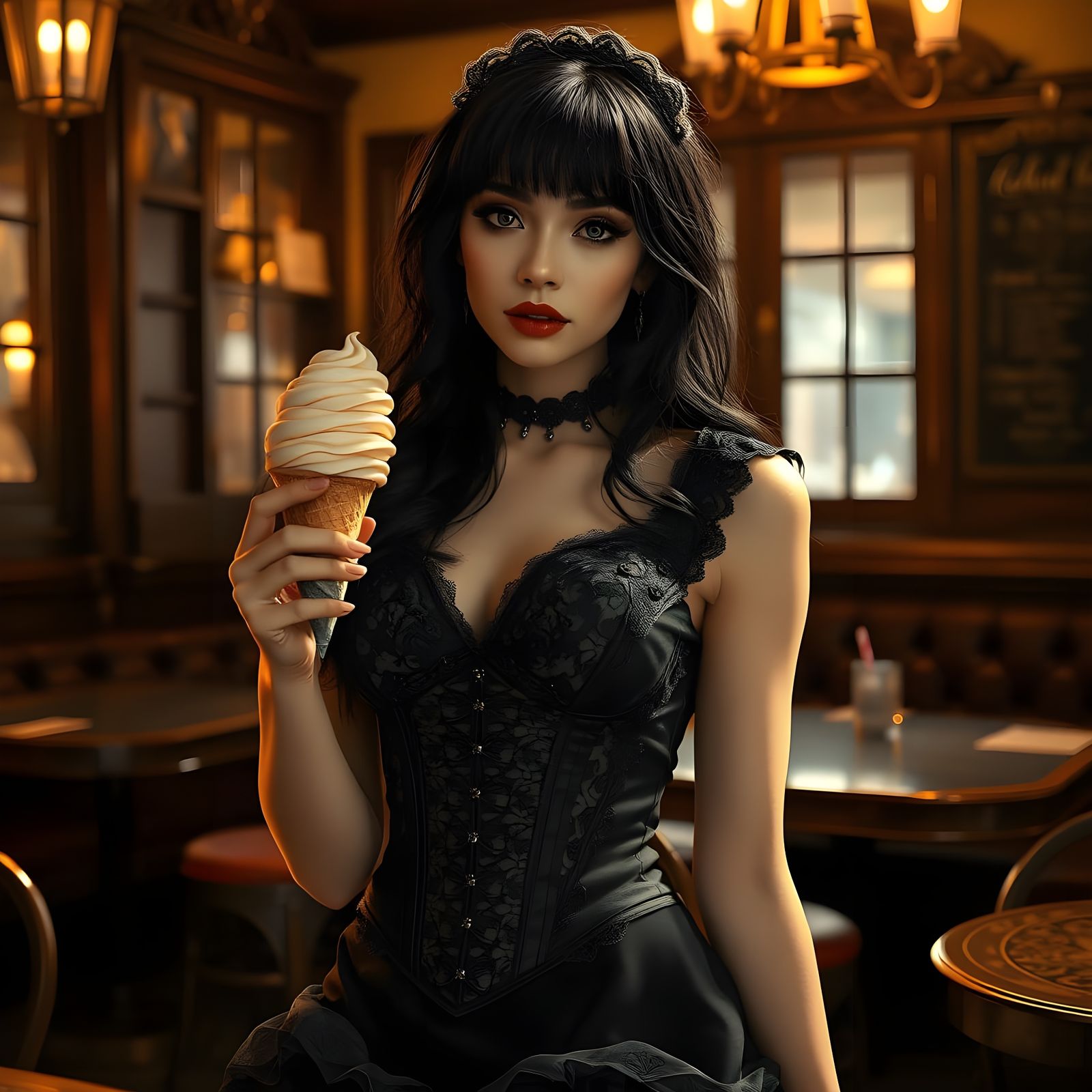 Whimsical Goth French Maid Enjoying Soft Serve in a 19th-Cen...