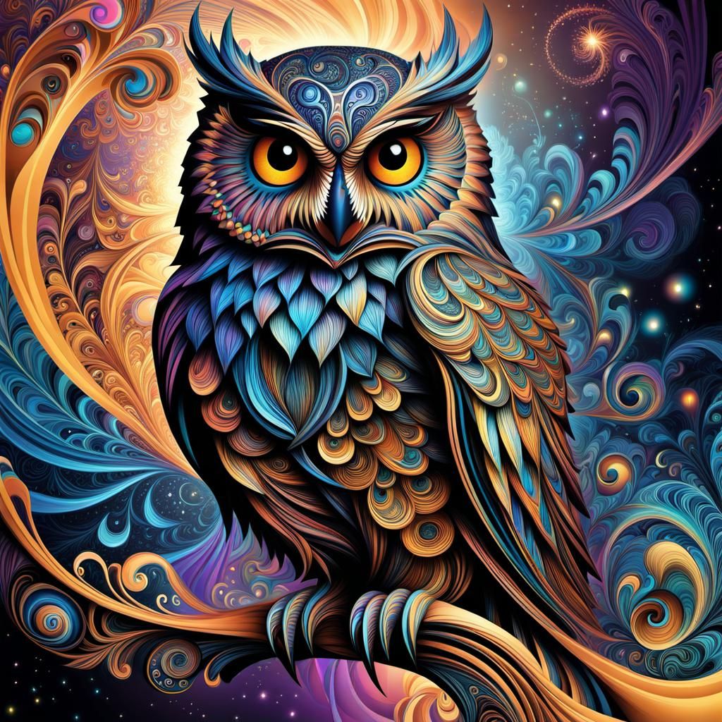 Mystical Owl in Psychedelic Fractal Line Art
