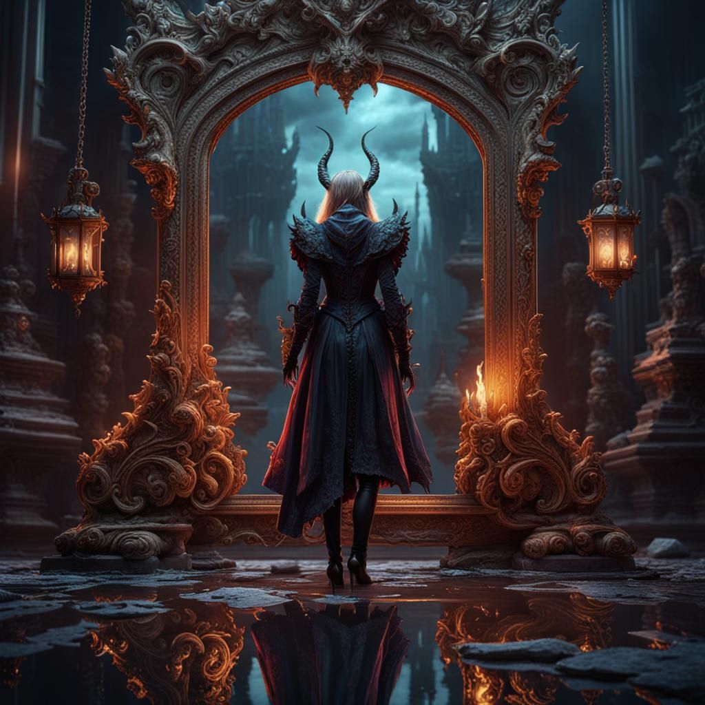 Mirror Reveals Demon Reflection: Fantasy Concept Art