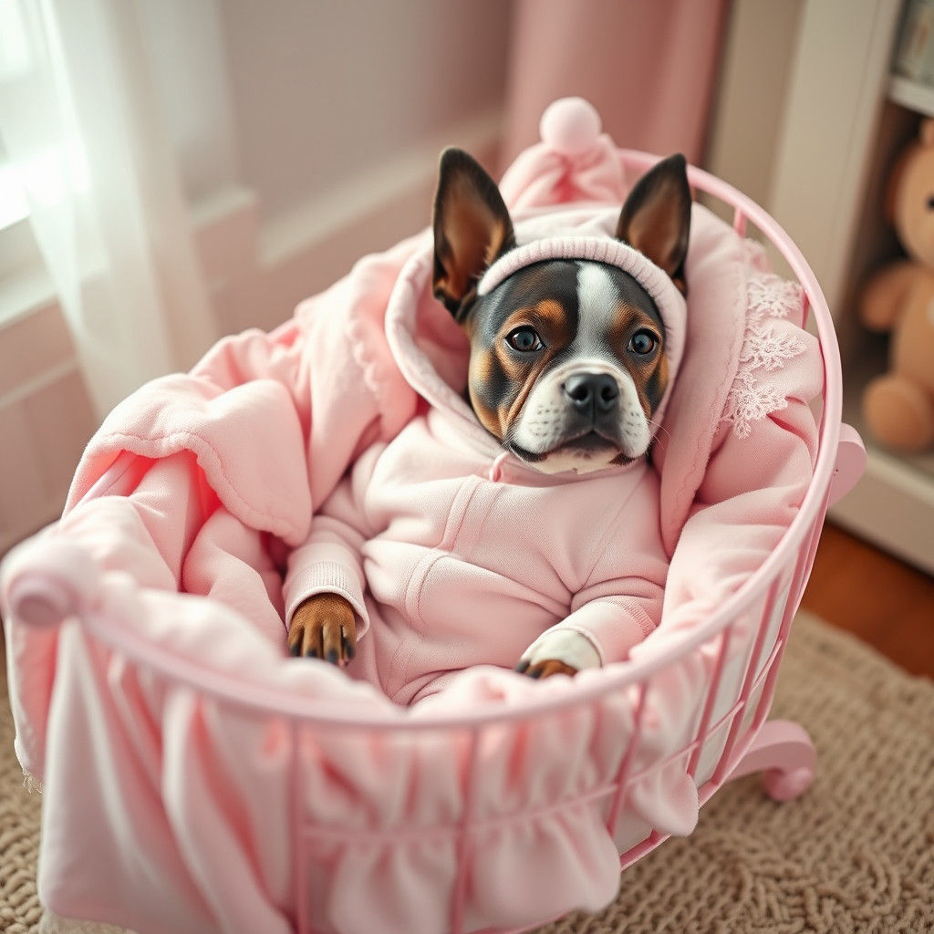 Adorable Terrier Puppy in Pink Baby Bed