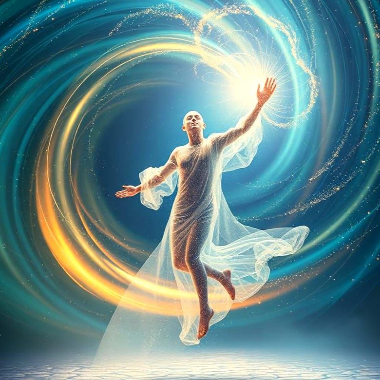 Ethereal Man Dancing in Cosmic Vortex
