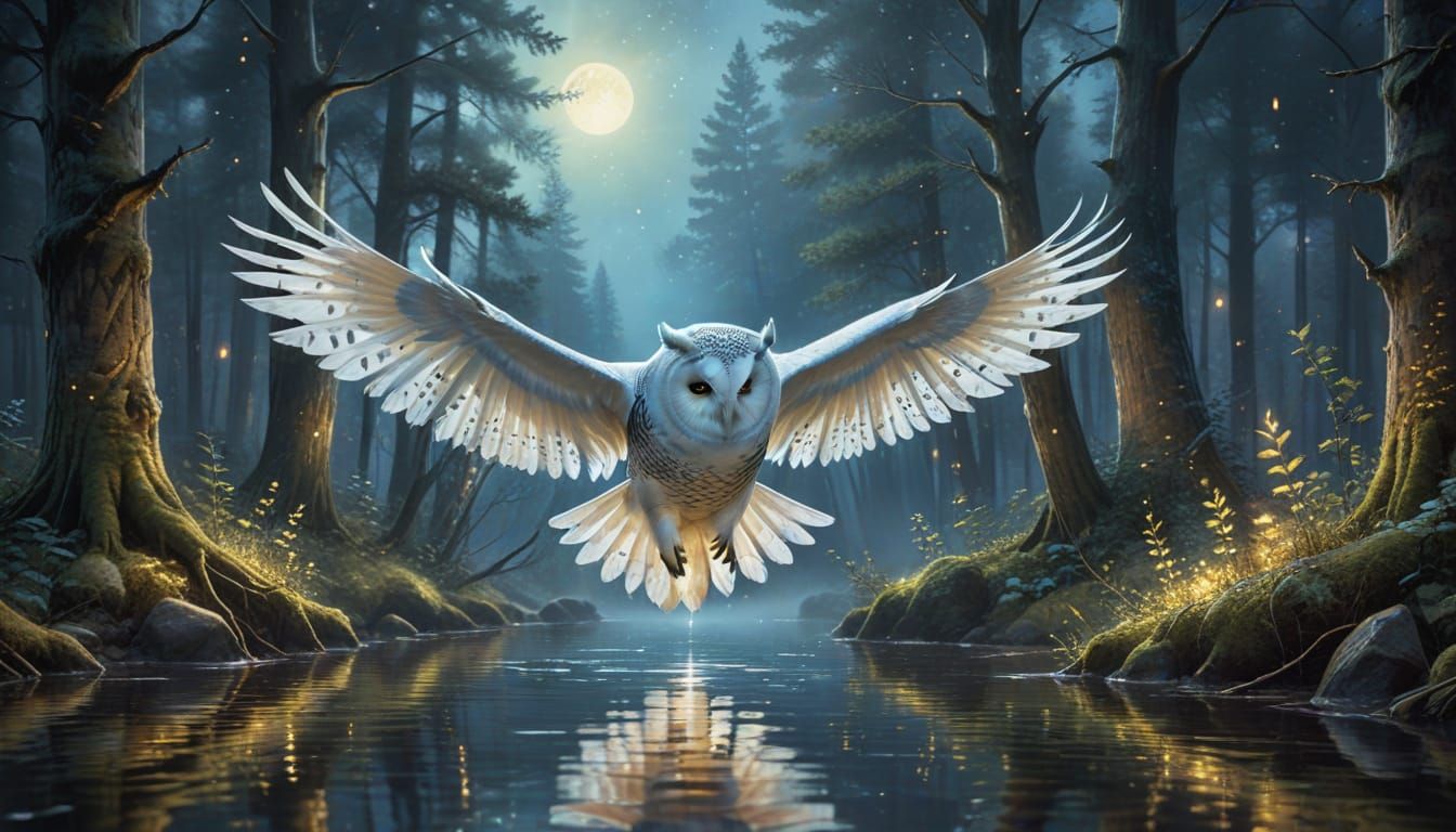 Ethereal Owl Soars Through Moonlit Forest in Dreamy Watercol...