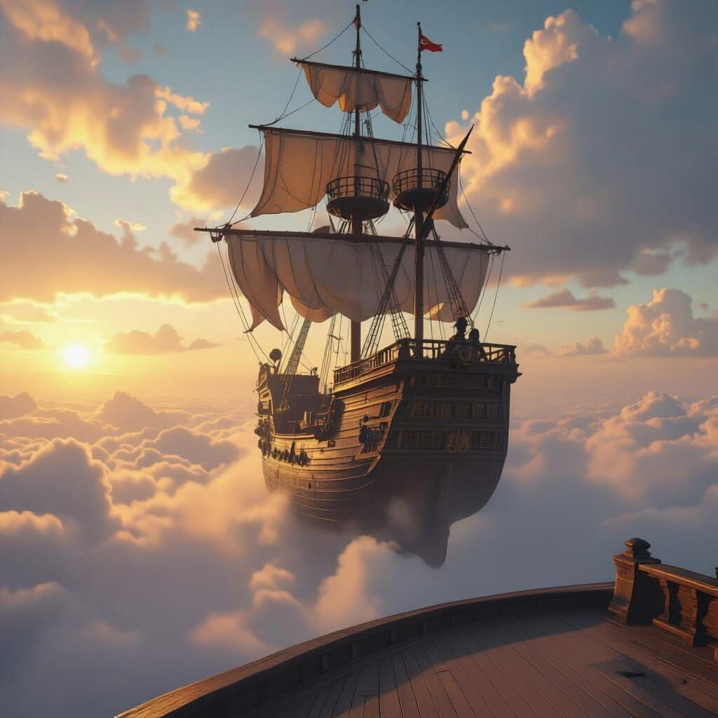 Pirate Ship Soaring Through Clouds with Adventurers