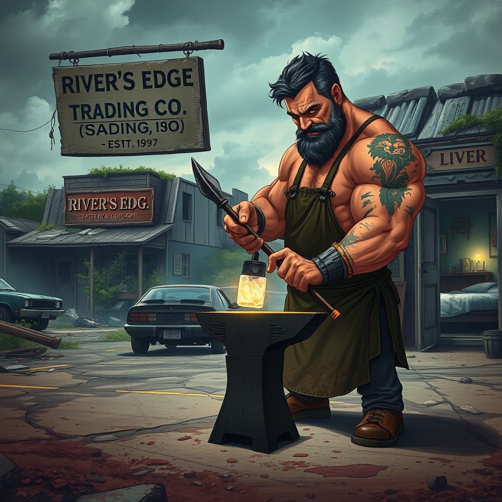 Post-Modern Dystopian Blacksmith Forges Spear in Riverfront ...
