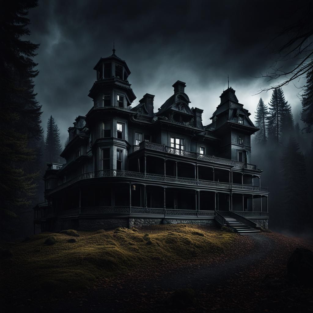 Ominous Haunted Hotel in Wilderness Horror Scene