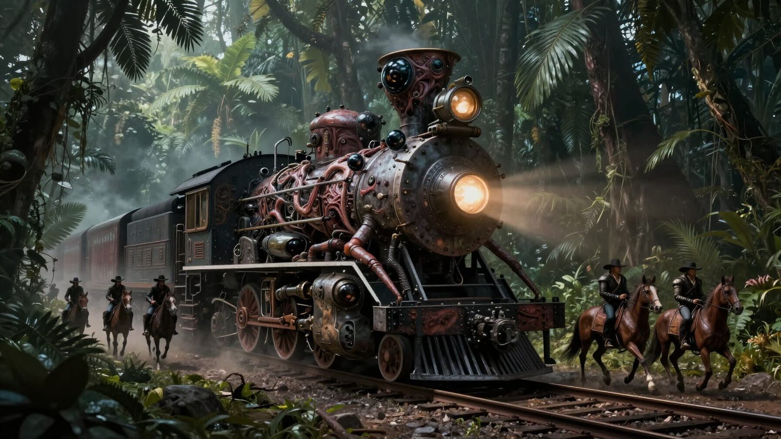 Biomechanoid Train Pursued by Futuristic Cowboys in Jungle