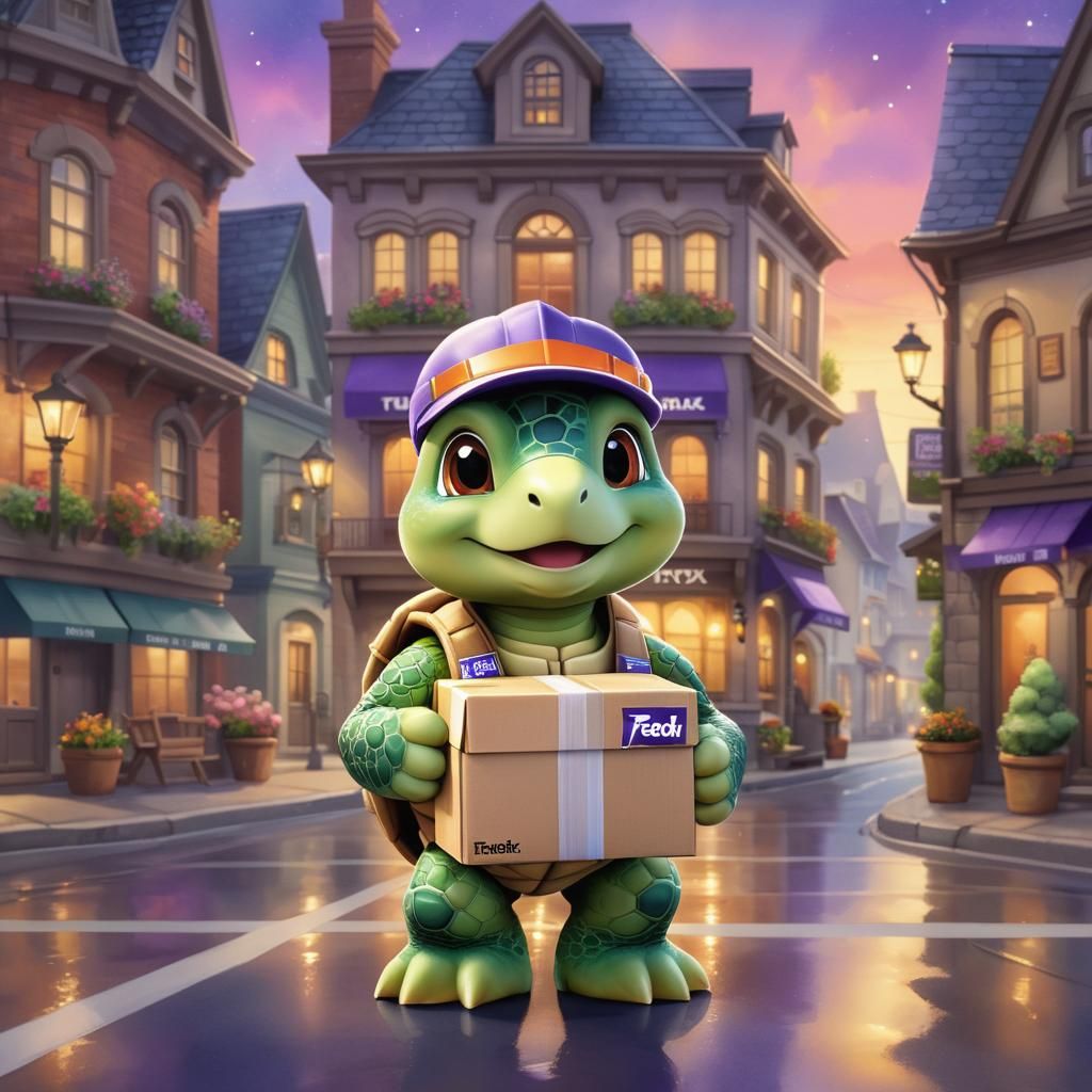 Chibi Turtle FedEx Driver in Cozy Town, Watercolor Art