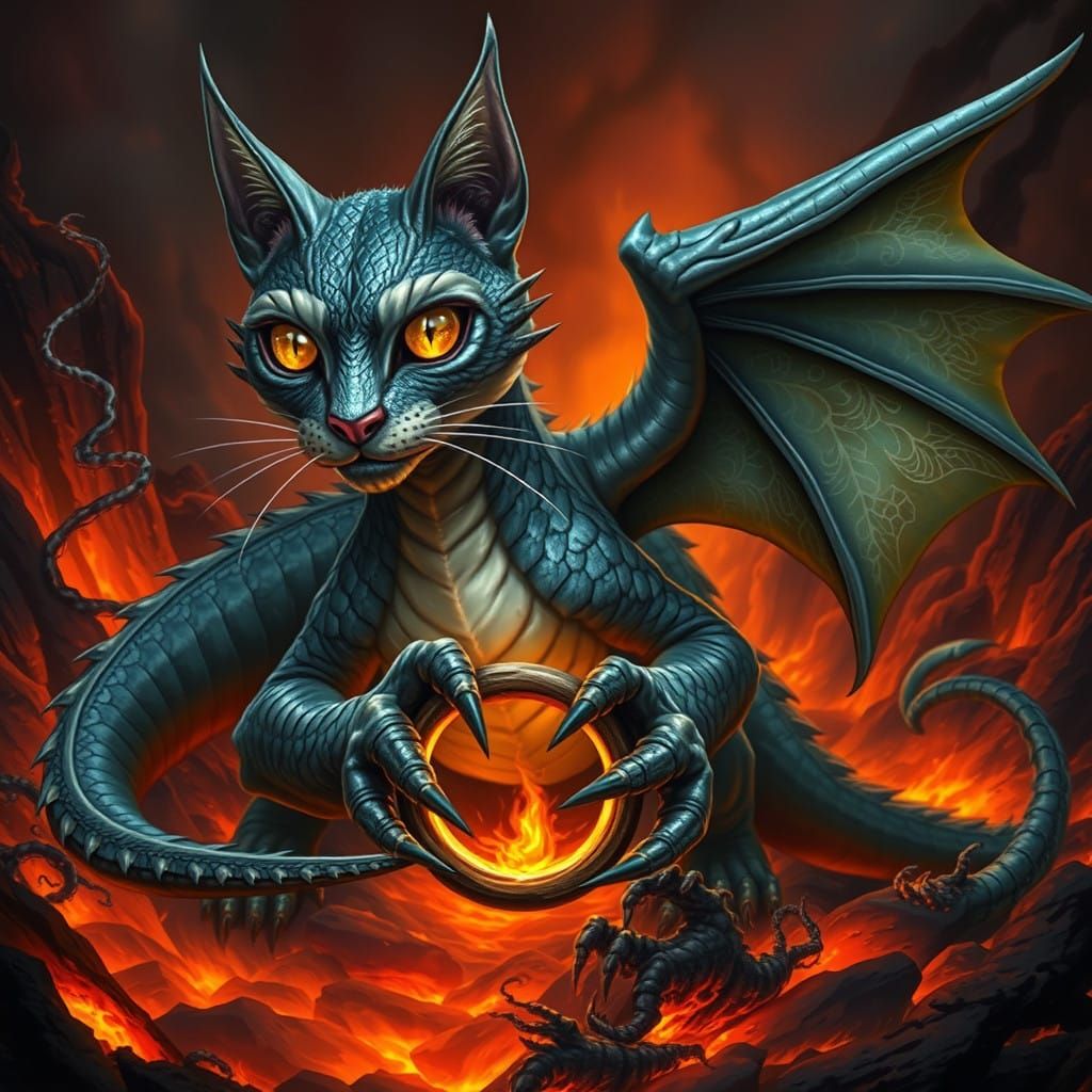 Majestic Cat Dragon Set Against Dark Fantasy Lava Landscape