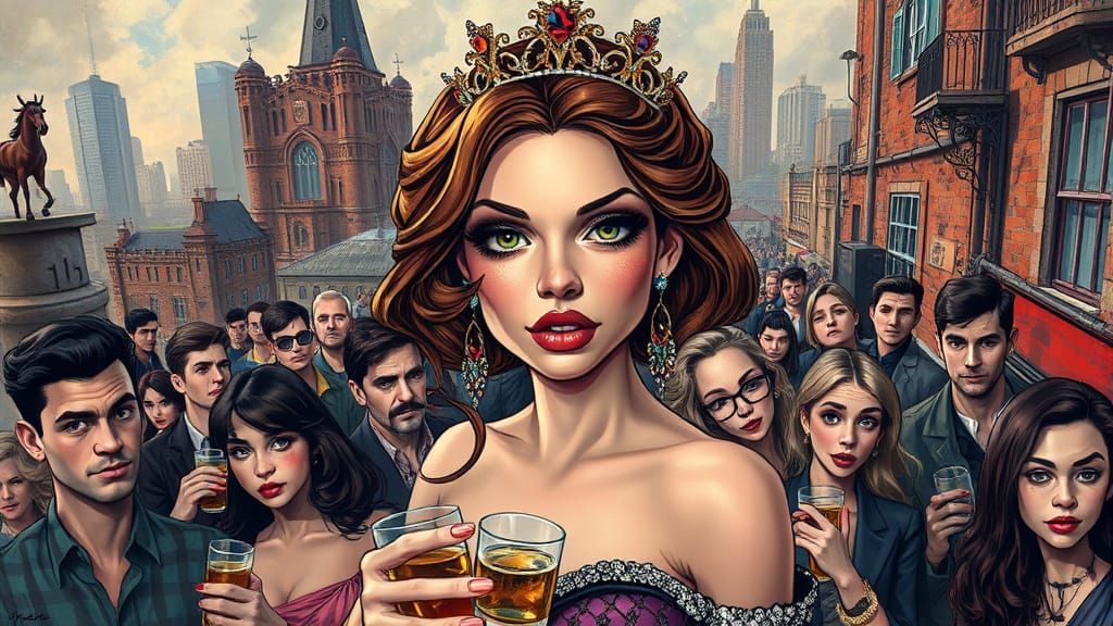 Regal Rebel Amidst Urban Chaos in Hyper-Realistic Caricature