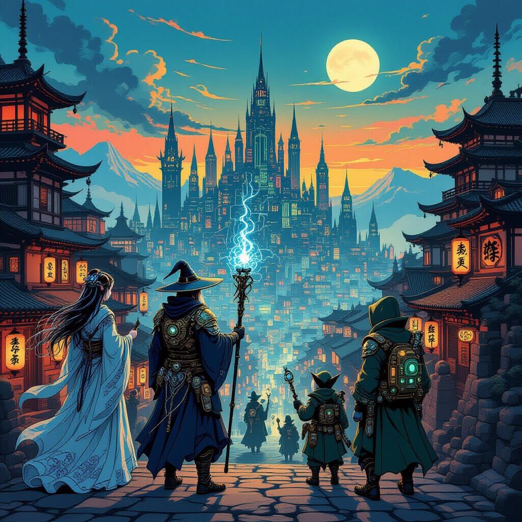 Ukiyo-e Fusion: Fantasy Lords with Cyberpunk Steampunk Flair