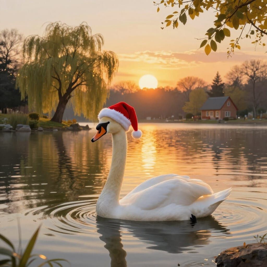Swan in Santa Hat on Al Lake at Sunset